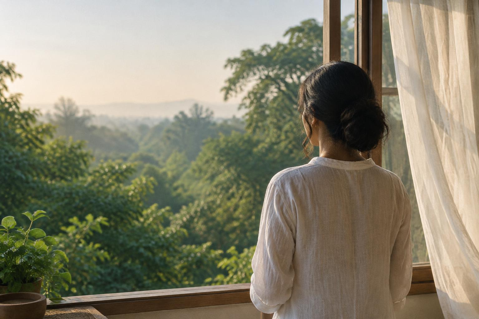 A quiet morning overlooking green trees